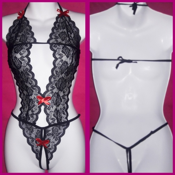 Other - Flirty Black Lace Red Bow Tie Back Bodysuit